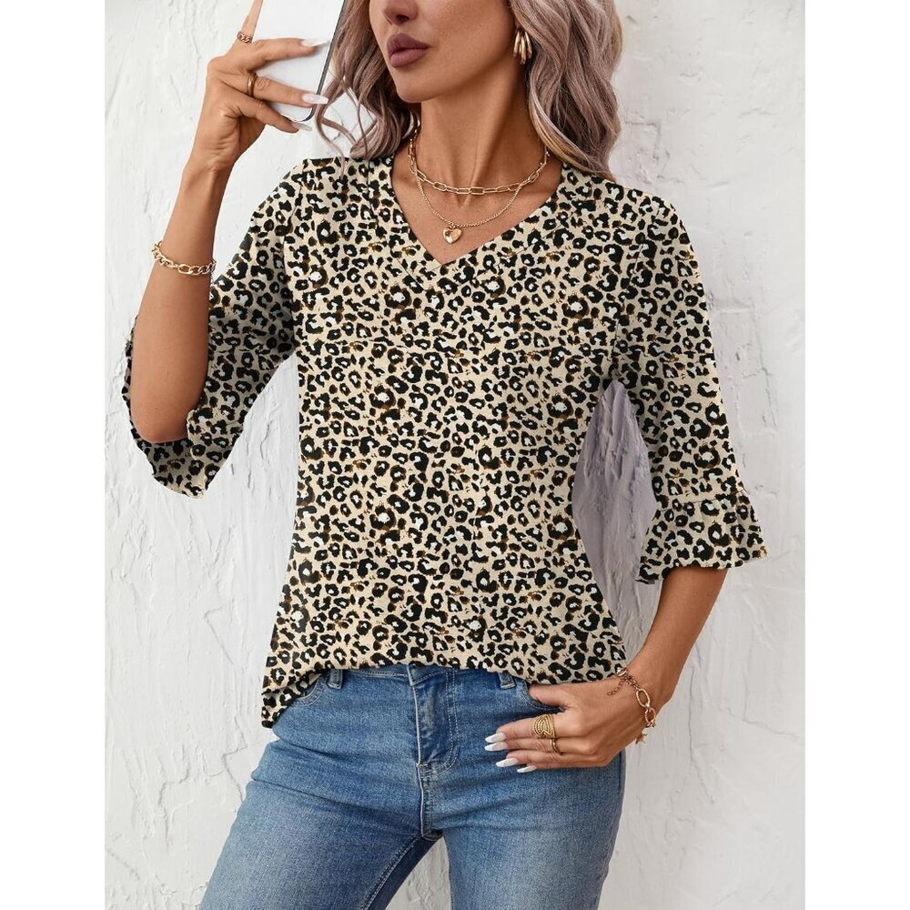 Womens V-Neck Eyelet Tunic Top 3/4 Sleeve Casual Dressy Summer Blouse - Picture 5 of 5